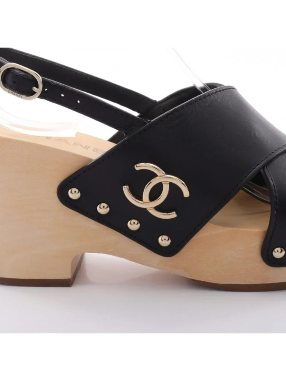 Chanel Sandals CC Logo Clover Wood Wedge Sole Leather
